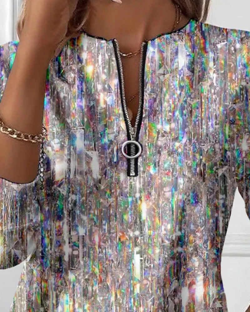 Chandail à capuchon imprimé à manches longues et demi-fermeture éclair