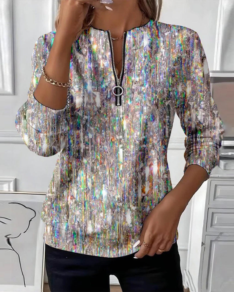 Chandail à capuchon imprimé à manches longues et demi-fermeture éclair